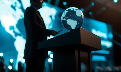 Global Vision, CEO Addressing International Economic Forum with Company Emblem"