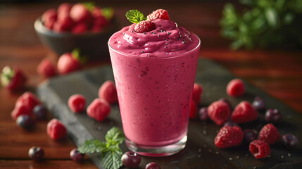 A thick berry smoothie garnished with raspberries and a mint leaf, surrounded by assorted berries...