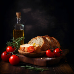 Botella de aceite de oliva, pan casero y tomate fresco, sobre la tabla de madera fondo negro