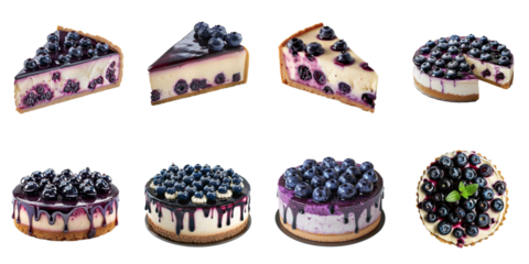 Blueberry cheese cake png collection set no background for decoration.