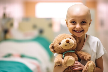 Healthcare, teddy bear and child cancer patient holding her toy for support or comfort. Medical, recovery and girl kid with leukemia standing after treatment or chemotherapy in a medicare hospital.