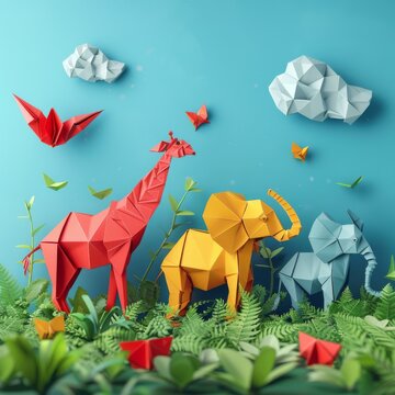 3D Blender origami animals, colorful paper effect