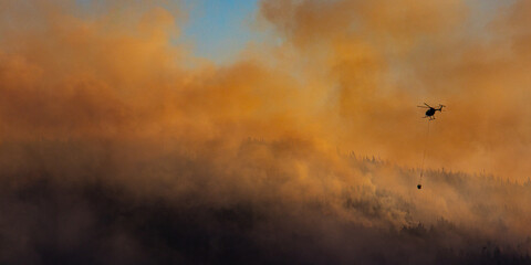 a dramatic picture of bush fires in Port Hills (Christchurch, Canterbury, New Zealand South Island) and firefighter helicopters carrying water to extinguish