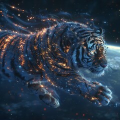 A 3D render of a heavenly tiger fur composed of constellations