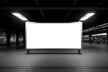 Nighttime Billboard in Empty Train Station.

An empty train station at night with a large blank billboard ready for advertising, perfect for adding custom content in a high-traffic area.