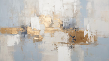 Abstract grunge painting with golden metallic accents and a blend of cool and warm tones, brushstrokes.