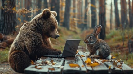 A bear and a rabbit sharing a laptop planning a joint venture - obrazy, fototapety, plakaty