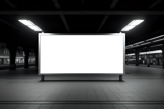 Nighttime Billboard in Empty Train Station.

An empty train station at night with a large blank billboard ready for advertising, perfect for adding custom content in a high-traffic area.