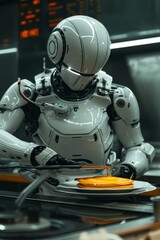 A chef robot flipping a fluorescent orange pancake in a sleek kitchen