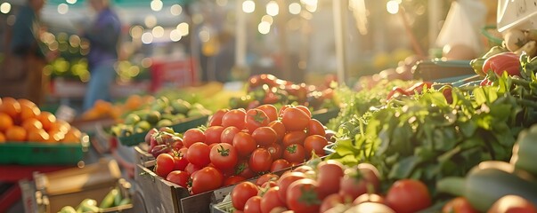 Bustling Farmer's Market, Vibrant Stalls Teeming with Fresh Organic Produce