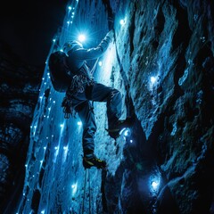 A climber scaling a wall, their gear emitting bright, guiding lights in the dark--ar