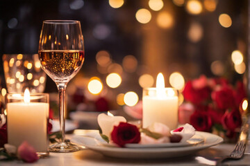 A romantic dinner setting with candles and soft bokeh in the background.