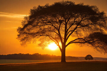 A silhouette of a tree against a warm, golden sunset sky, with bokeh lights creating a whimsical atmosphere.