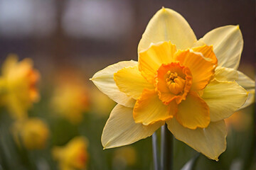 A single daffodil is in focus, surrounded by a bokeh of warm hues.