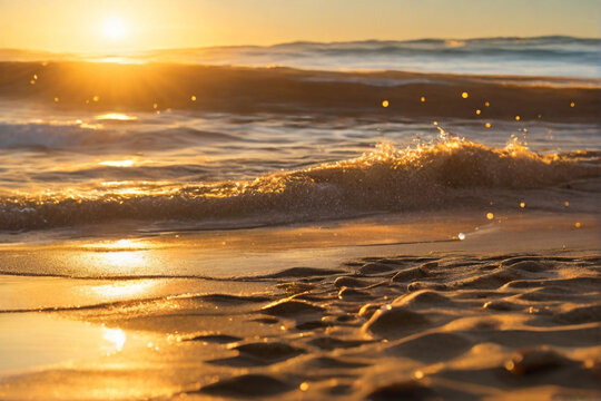 A serene beach scene at sunrise, with golden sunlight casting a warm bokeh glow on the sand and waves.