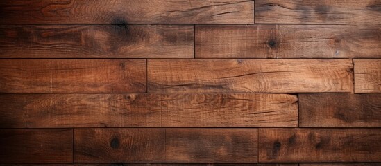 A closeup of a brown hardwood plank wall with a blurred background, showcasing the wood stain and intricate pattern of the rectangular flooring