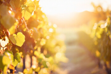 Abstract bokeh background of a vineyard at sunset, grapevines, and golden light create a picturesque scene.