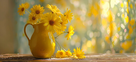 yellow jug with yellow daisies on wooden table - Powered by Adobe