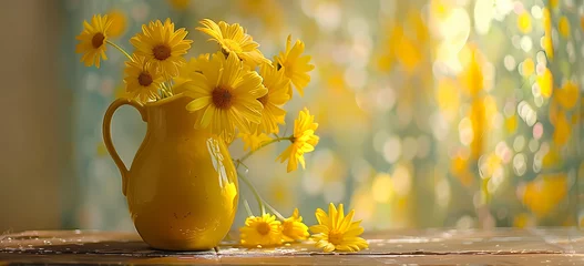 Foto op Canvas yellow jug with yellow daisies on wooden table © Food gallery