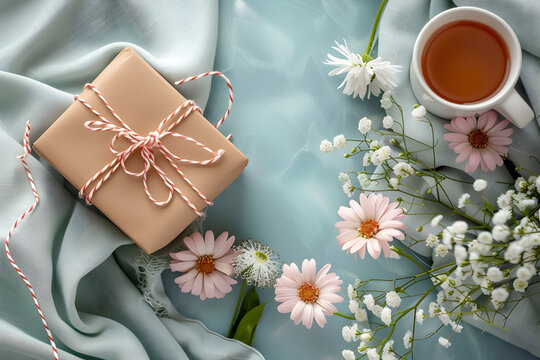 A lovely mock-up flatlay for Mother's Day celebration, featuring a beautiful gift and flowers