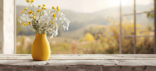 yellow vase with flowers on wood