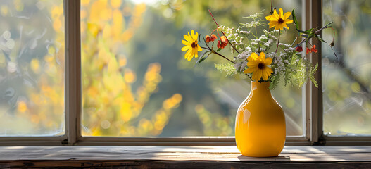 yellow vase with flowers on wood - obrazy, fototapety, plakaty