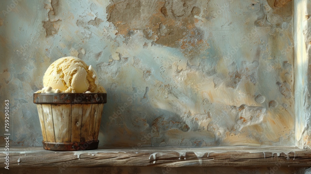 Poster a painting of a bucket of ice cream sitting on a ledge next to a bucket of ice cream on a window sil