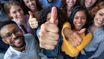 Obraz premium A group of happy people smile and extend their thumbs up showing a sign of admiration, it all worked out right