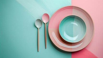 A colorful plate and spoon set on a pink, blue and green table, AI - Powered by Adobe
