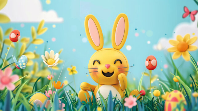 A joyful yellow bunny with decorated Easter eggs surrounded by flowers in a