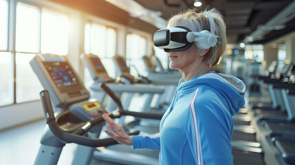 Elderly old woman in sportswear jogging on a treadmill wearing virtual reality goggles in a gymnasium