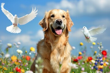 Medium colored Golden Retriever Show dog with two white doves flying in the background with a blue...