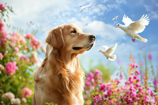 Medium colored Golden Retriever Show dog with two white doves flying in the background with a blue sky and beautiful, colorful flowers, the dog is standing up