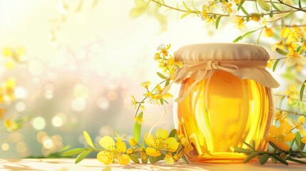 Jar of honey surrounded by flowers on a table generative ai - obrazy, fototapety, plakaty