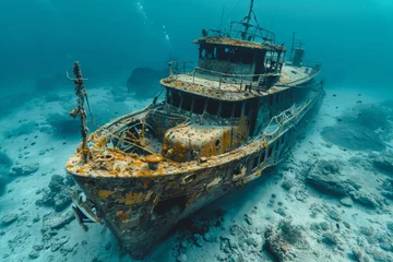 Deurstickers A shipwreck is seen in the ocean with a lot of debris and fish swimming around it. Scene is eerie and mysterious, as the ship is long gone and the ocean is filled with life © Yuliia