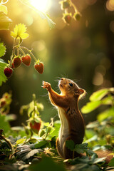 A squirrel reaches for strawberries against the background of a sunny forest