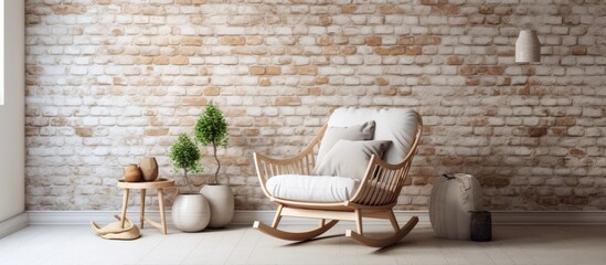 Fototapeta na wymiar Cozy Setup with Rocking Chair, Rug, and Basket against White Brick Wall