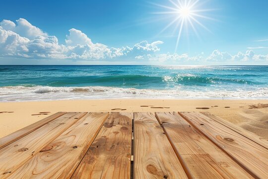 A wooden pier with a blue and white color scheme. The pier is located in the ocean and is surrounded by water. The image has a calm and peaceful mood, as it captures the beauty of the pier