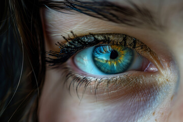 A close-up of a green-eyed girl's eye. - obrazy, fototapety, plakaty
