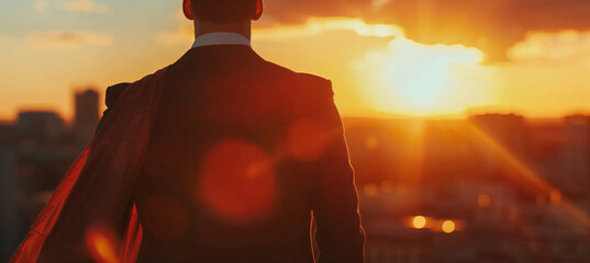 A businessman against the backdrop of the city and the setting sun in a red superhero cape, a man who can do anything