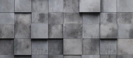A detailed view of a grey concrete wall with rectangular squares, creating a symmetrical pattern. The parallel lines and tints give the facade a modern look