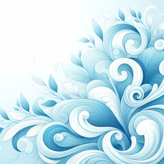 Fototapeta premium A Beautiful Magical Fantasy Light Blue, White, & Silver Bluish Blooming Abstract Abstraction Fabric Background with Swirls & Floral Leaves & Paisley with Copy Space. Greeting Card 3D Botanical Mural. 