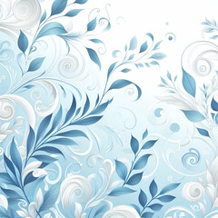 Fototapeta premium A Beautiful Magical Fantasy Light Blue, White, & Silver Bluish Blooming Abstract Abstraction Fabric Background with Swirls & Floral Leaves & Paisley with Copy Space. Greeting Card 3D Botanical Mural. 
