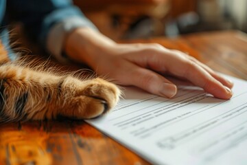 Signing a pet medical insurance contract. Contract form, person's hand and cat's paw on the table. Animal life insurance, pet care, animal protection.