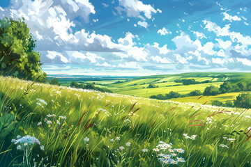 A drawing of a lush grassy grassland in a rural landscape view.