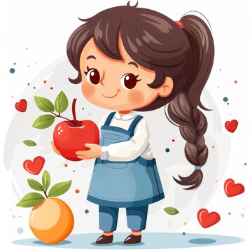 Cute cartoon little girl holding a red apple in her hands