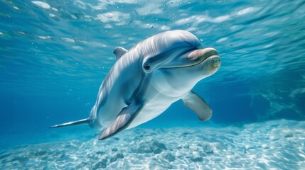 A dolphin swimming in the ocean under blue water, AI