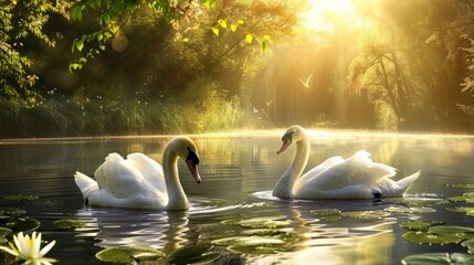 Two swans are swimming in a lake with lily pads, AI - Powered by Adobe