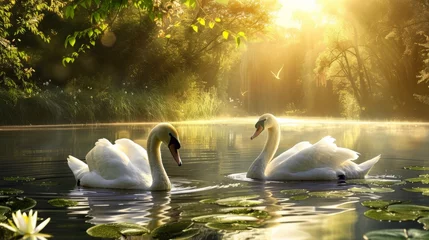 Fotobehang Two swans are swimming in a lake with lily pads, AI © starush