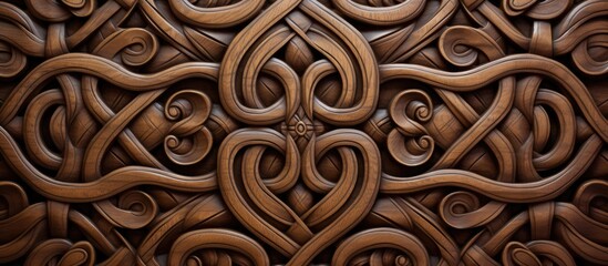 Wood Carving, Wooden Geometric Ornament. Background of Intricately Carved Wood in Earth Tones.